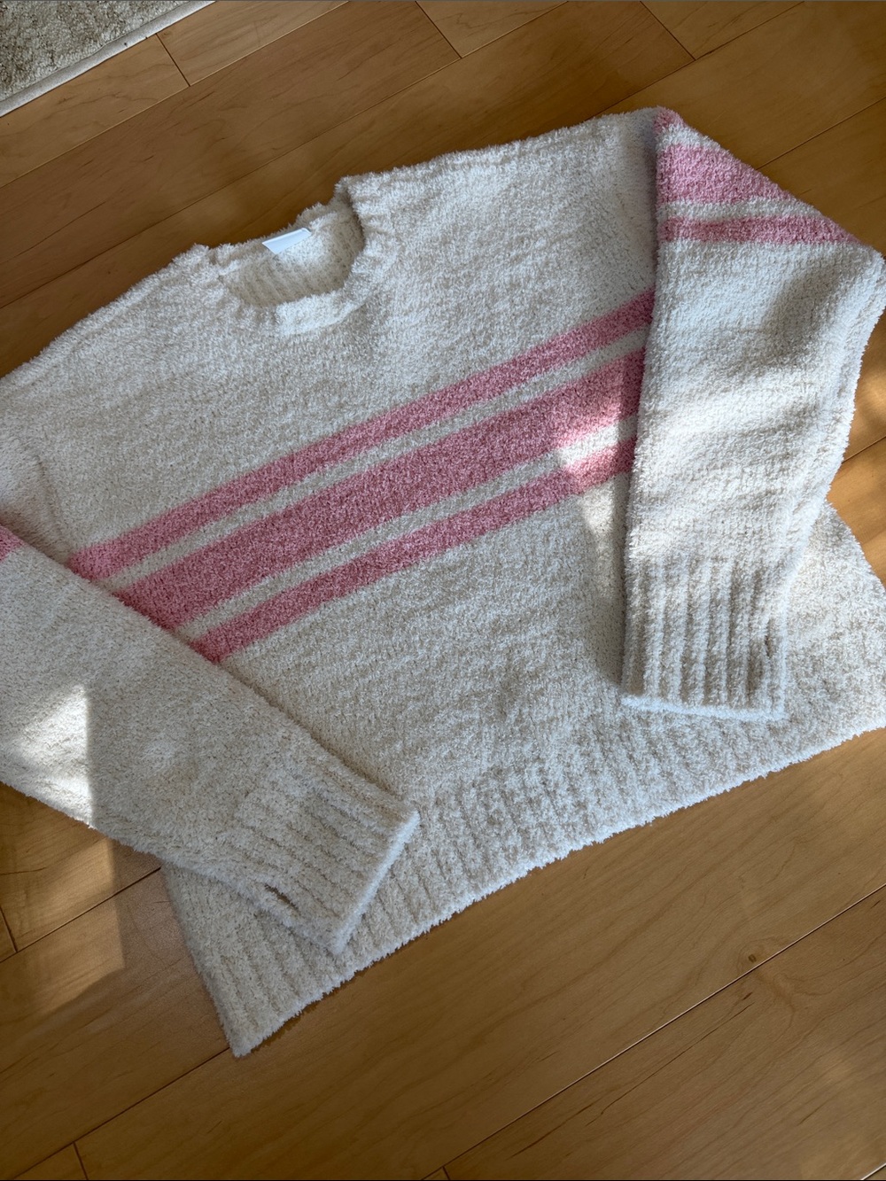 Aerie Offline fuzzy cream with pink striped crewneck sweater - size M